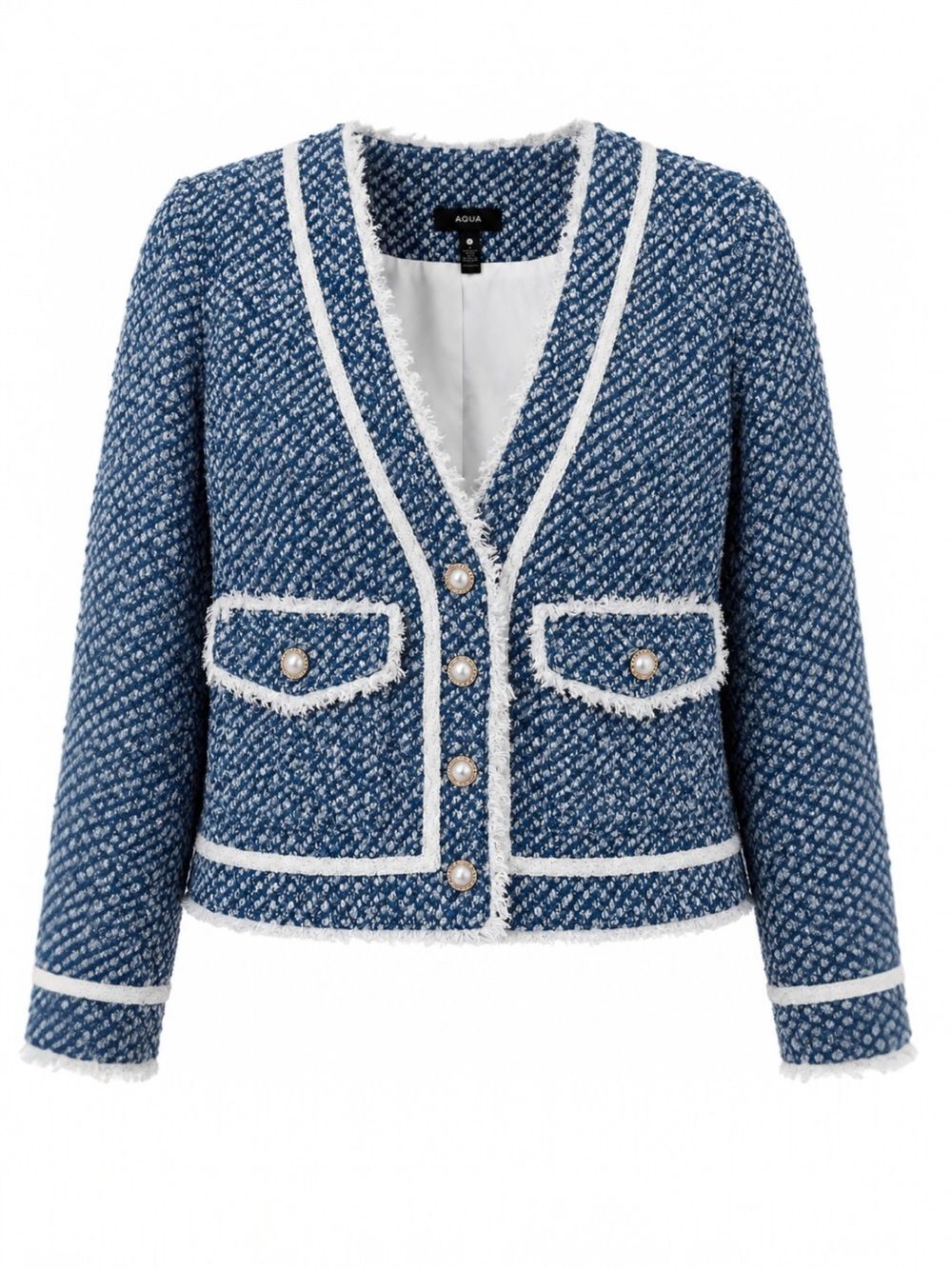 AQUA Tweed Cropped Jacket Womens XS Blue White‎ Fringe Pearl Button Boucle